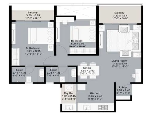 2bhk A-type unit plan